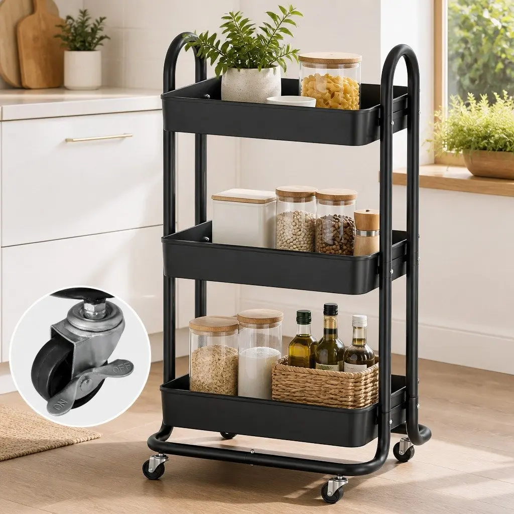 Storage Trolley Kitchen Cart 3 Tier Organiser Black