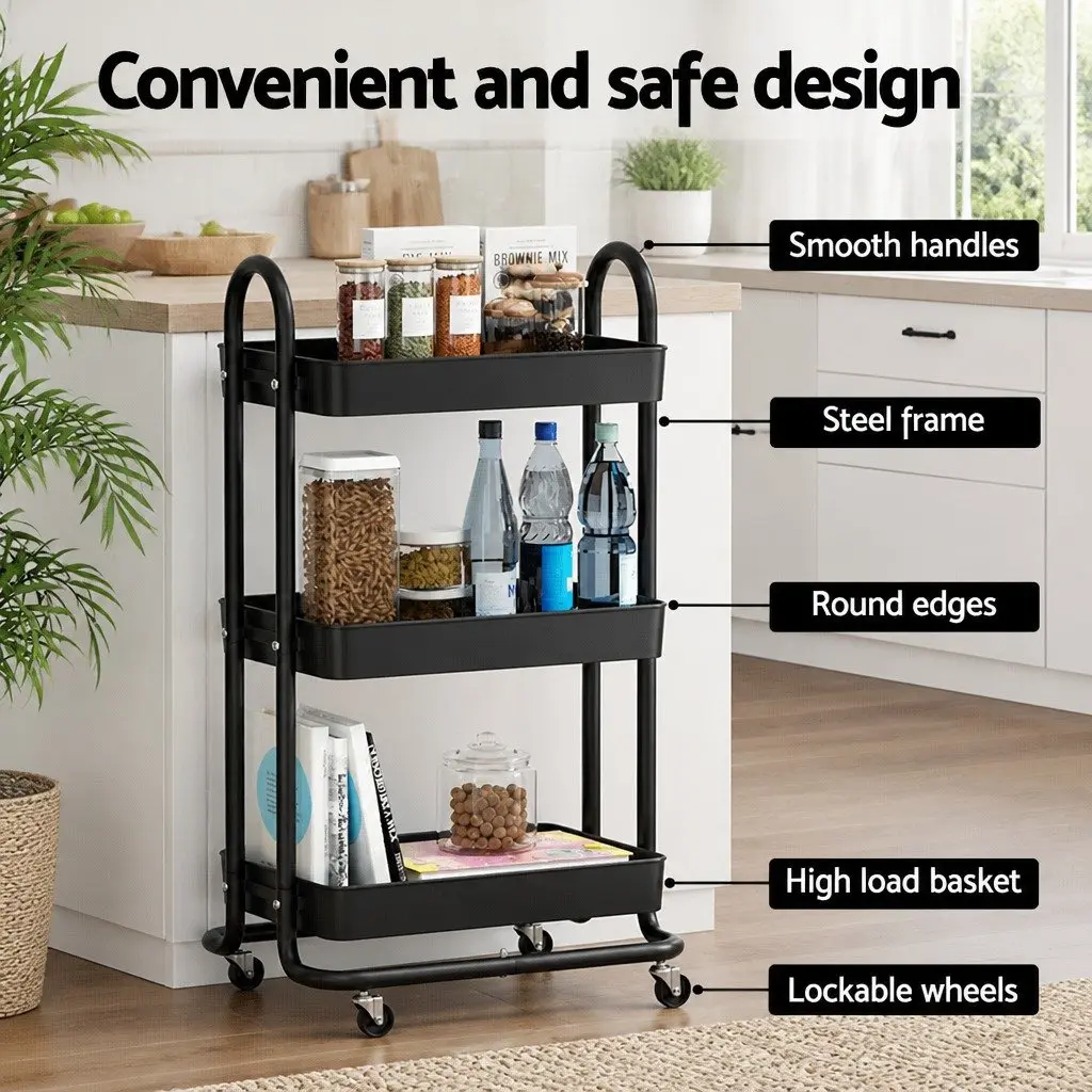 Storage Trolley Kitchen Cart 3 Tier Organiser Black