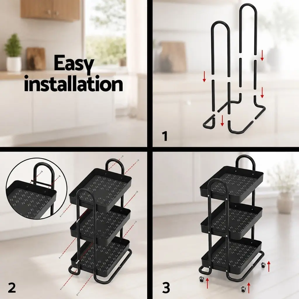 Storage Trolley Kitchen Cart 3 Tier Organiser Black