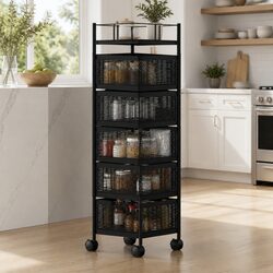 5-Tier Storage Trolley Kitchen Cart Rolling Wheels Lockable Black Organizer