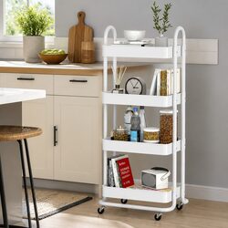 Storage Trolley 4 Tier Kitchen Cart White Rolling Wheels Lockable Portable Home
