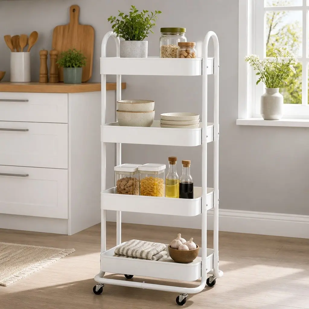 Storage Trolley Kitchen Cart 4 Tier White Rolling Wheels Portable Home