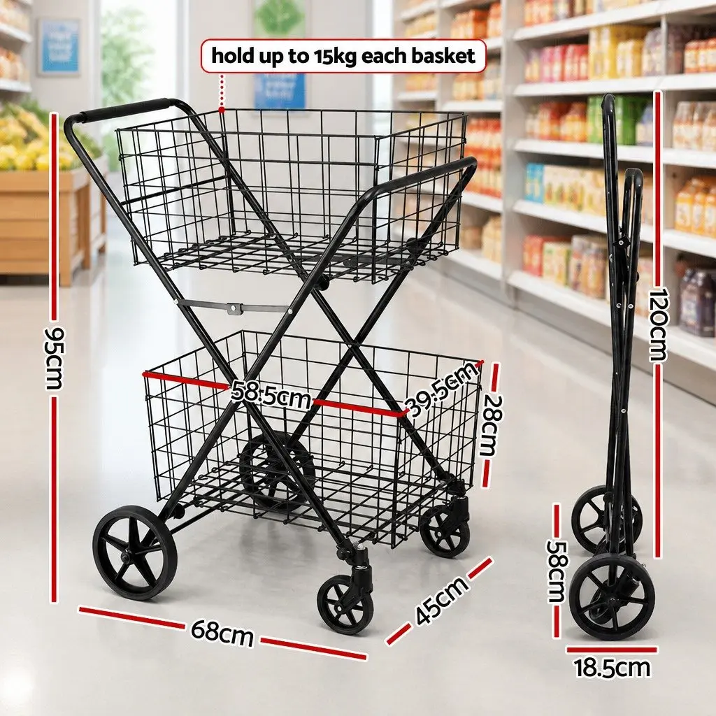 Foldable Shopping Trolley Cart Black Collapsible Kitchen Dining Storage 75cm x 95cm x 62.5cm