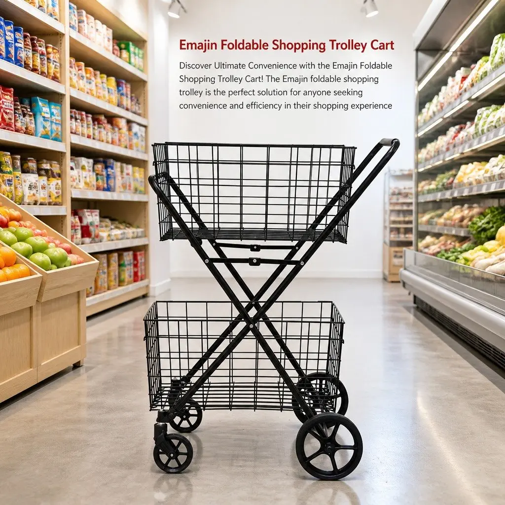 Foldable Shopping Trolley Cart Black Collapsible Kitchen Dining Storage 75cm x 95cm x 62.5cm