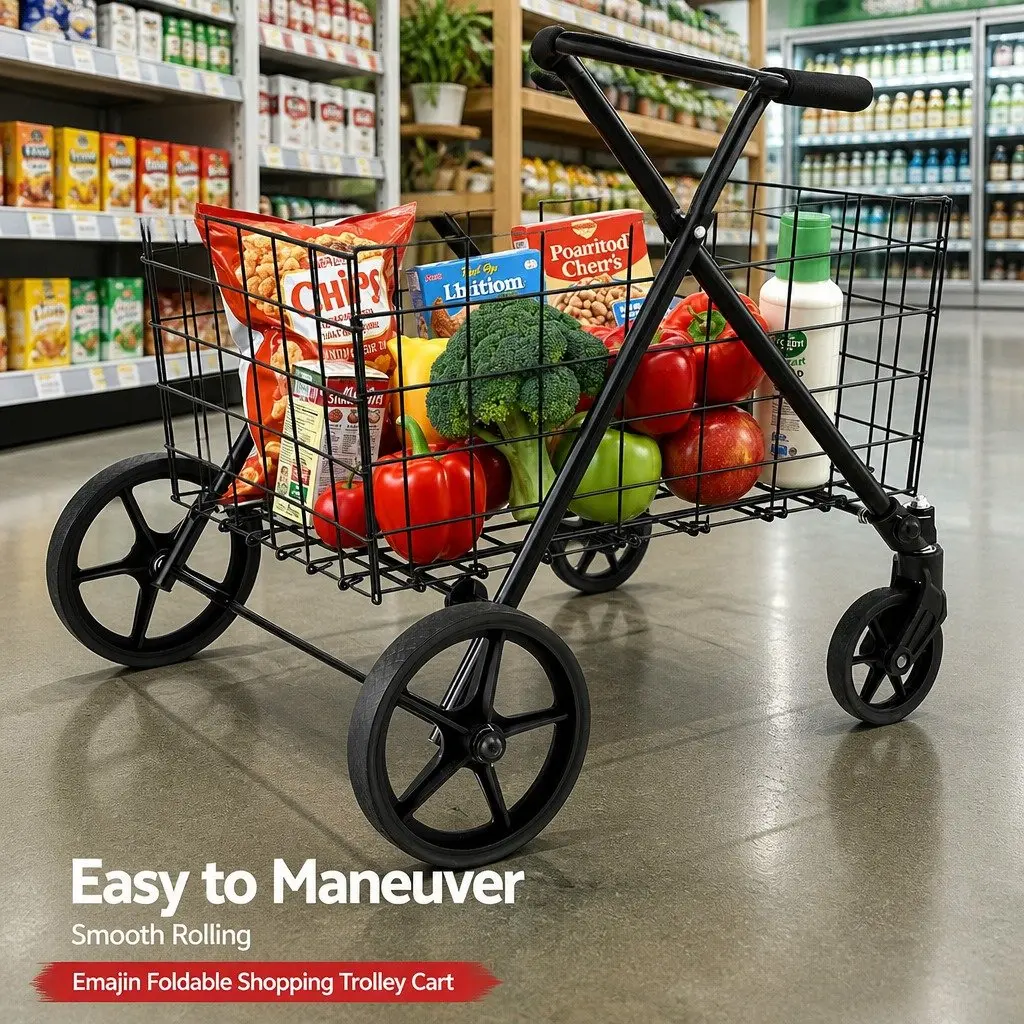 Foldable Shopping Trolley Cart Black Collapsible Kitchen Dining Storage 75cm x 95cm x 62.5cm