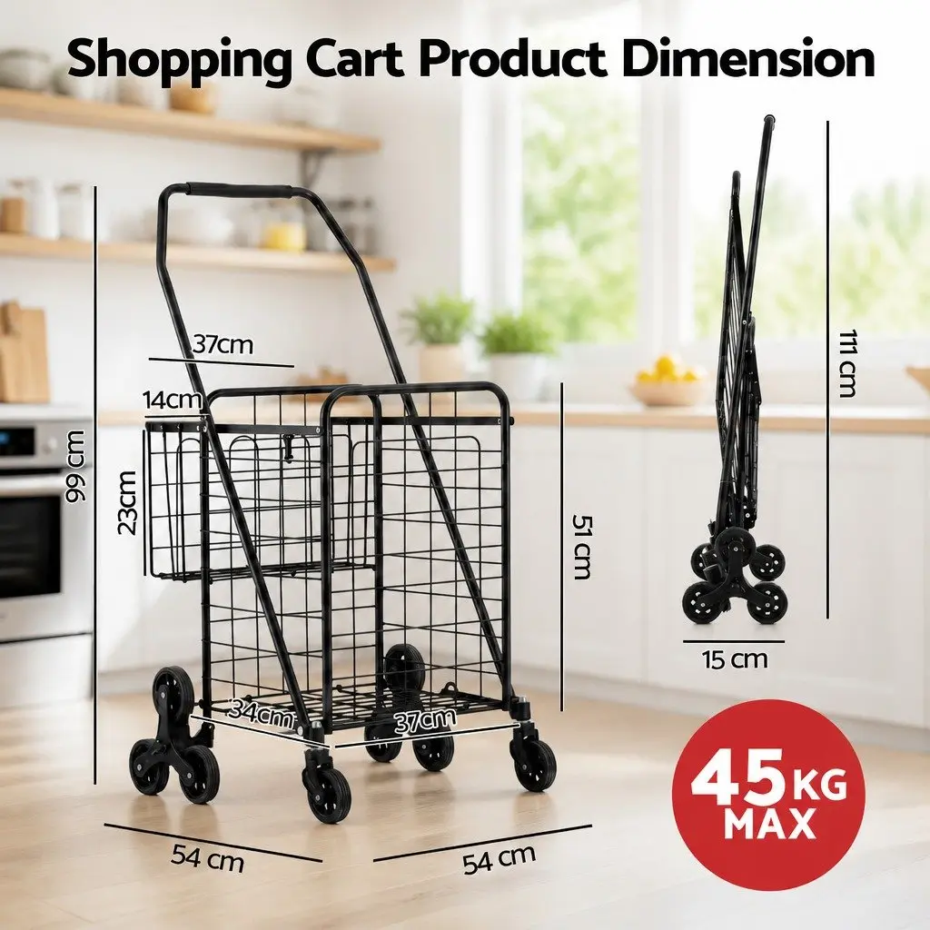 Folding Shopping Trolley Cart Utility Stair Climbing Black Lightweight Compact