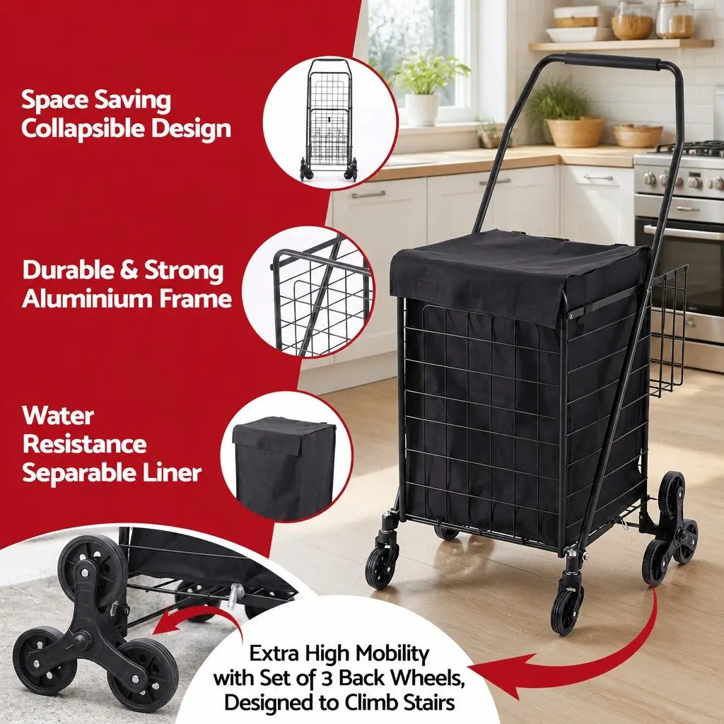 Folding Shopping Trolley Cart Utility Stair Climbing Black Lightweight Compact