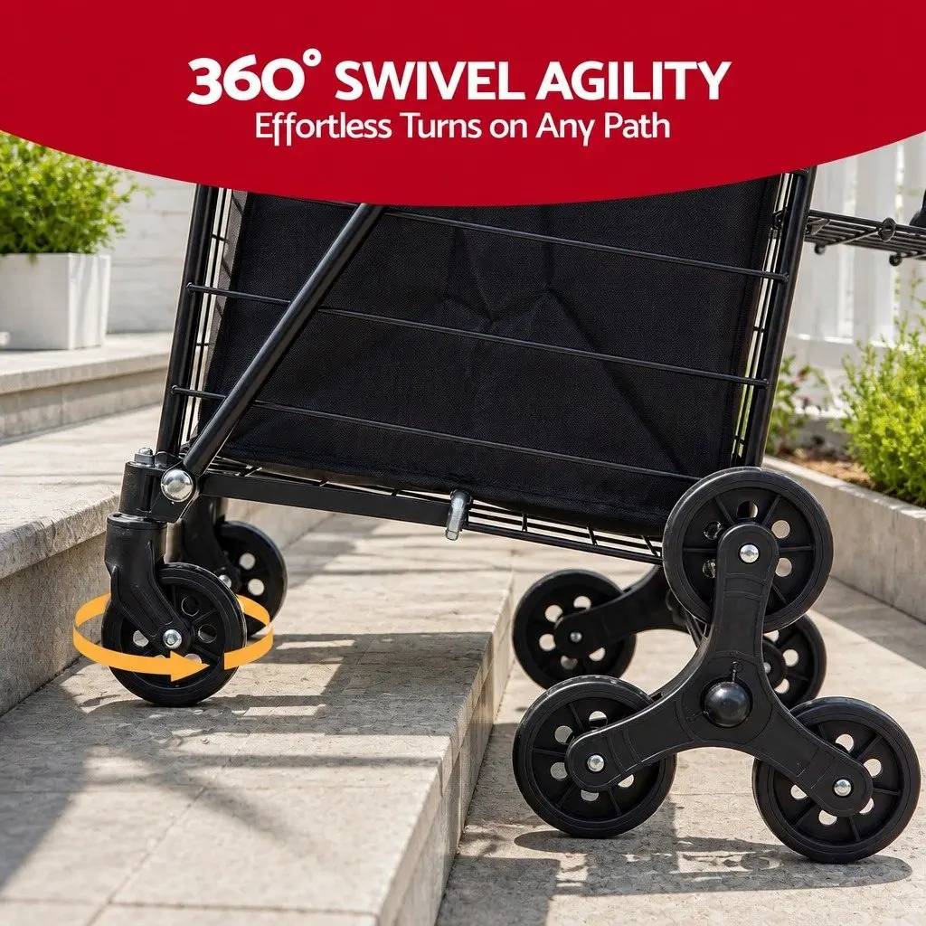 Folding Shopping Trolley Cart Utility Stair Climbing Black Lightweight Compact