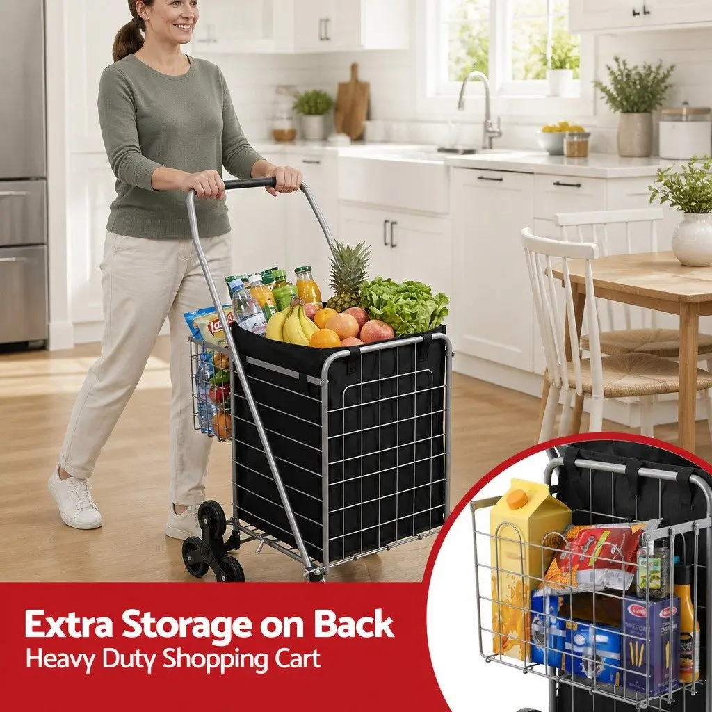 Folding Shopping Trolley Utility Cart Silver for Grocery Shopping 54cm x 54cm x 99cm