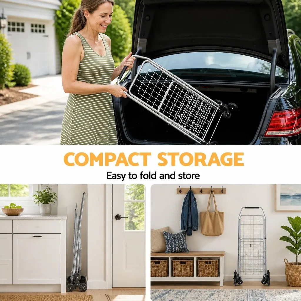 Folding Shopping Trolley Utility Cart Silver for Grocery Shopping 54cm x 54cm x 99cm