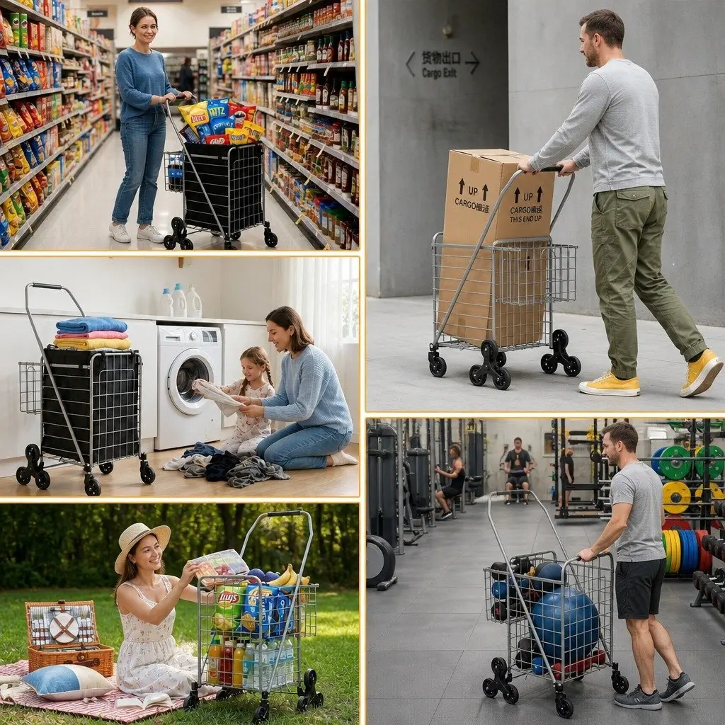 Folding Shopping Trolley Utility Cart Silver for Grocery Shopping 54cm x 54cm x 99cm