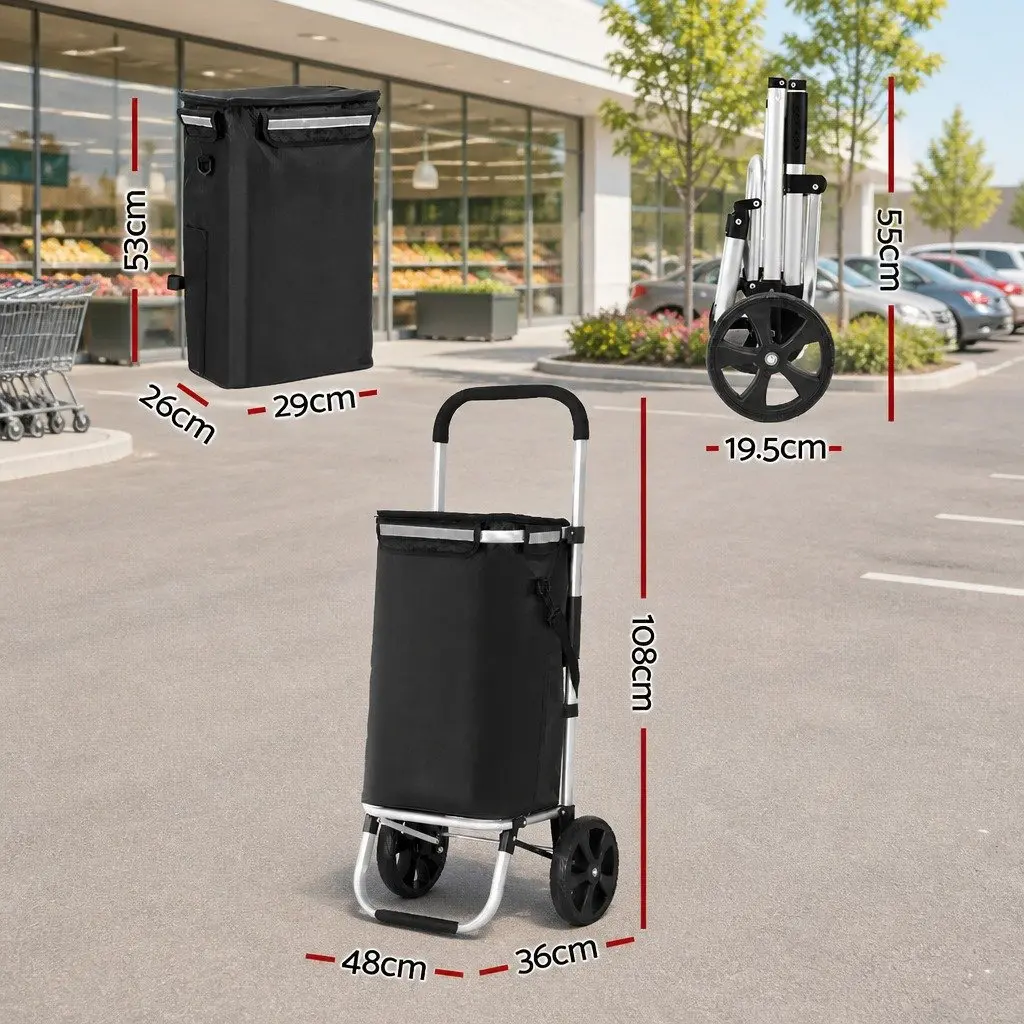 Shopping Trolley Cart Foldable 45kg Capacity Black Kitchen Dining Grocery Basket