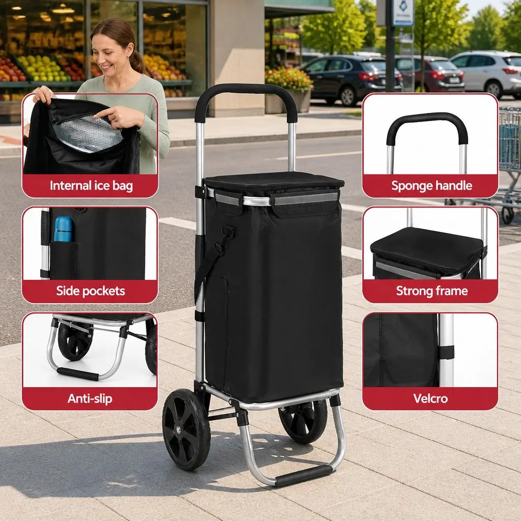 Shopping Trolley Cart Foldable 45kg Capacity Black Kitchen Dining Grocery Basket