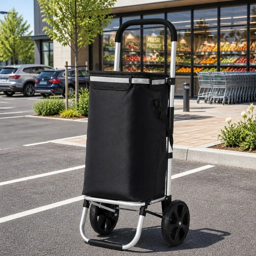 Shopping Trolley Cart Foldable 45kg Capacity Black Kitchen Dining Grocery Basket