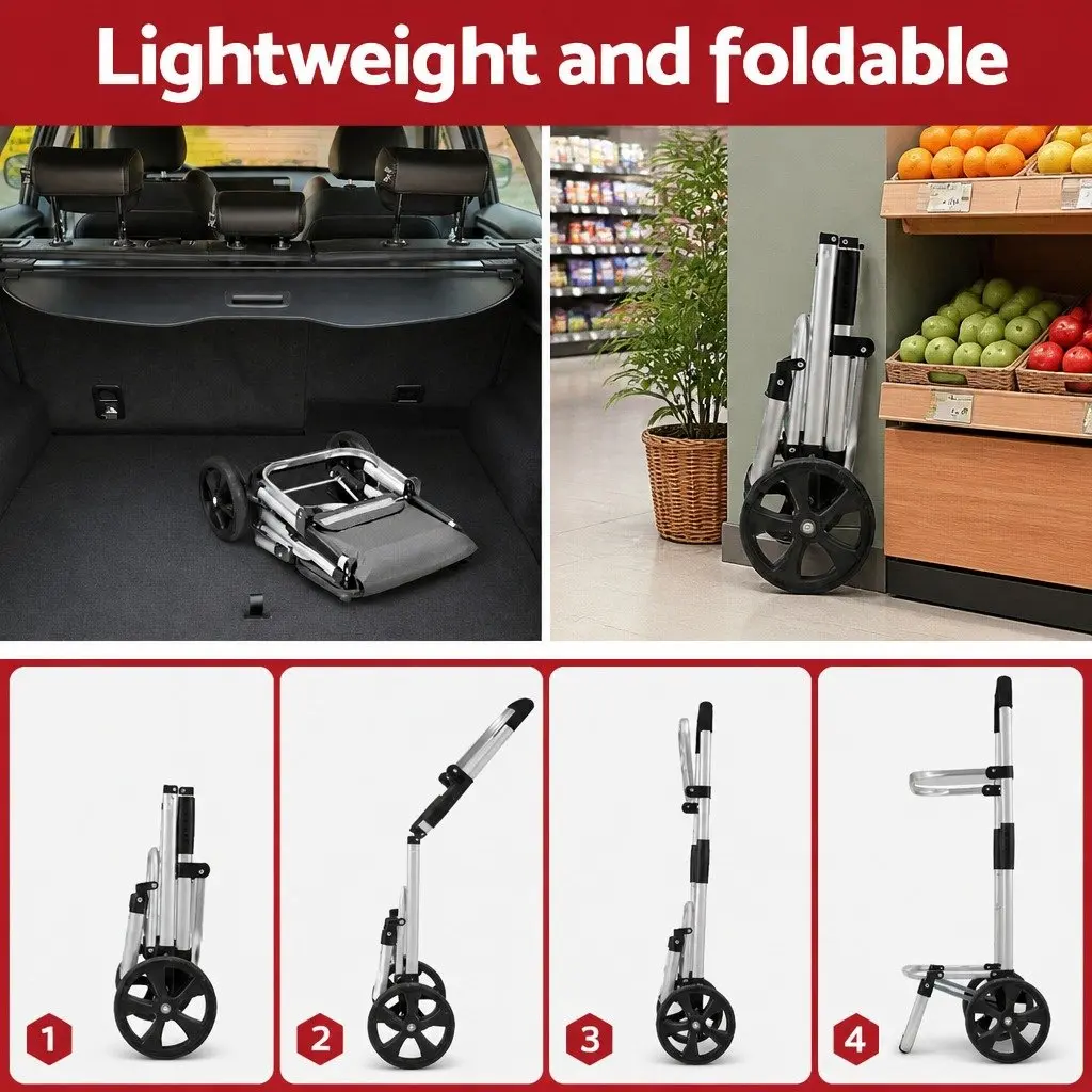 Shopping Trolley Cart Foldable Lightweight Portable Grocery Basket 45KG Capacity Grey