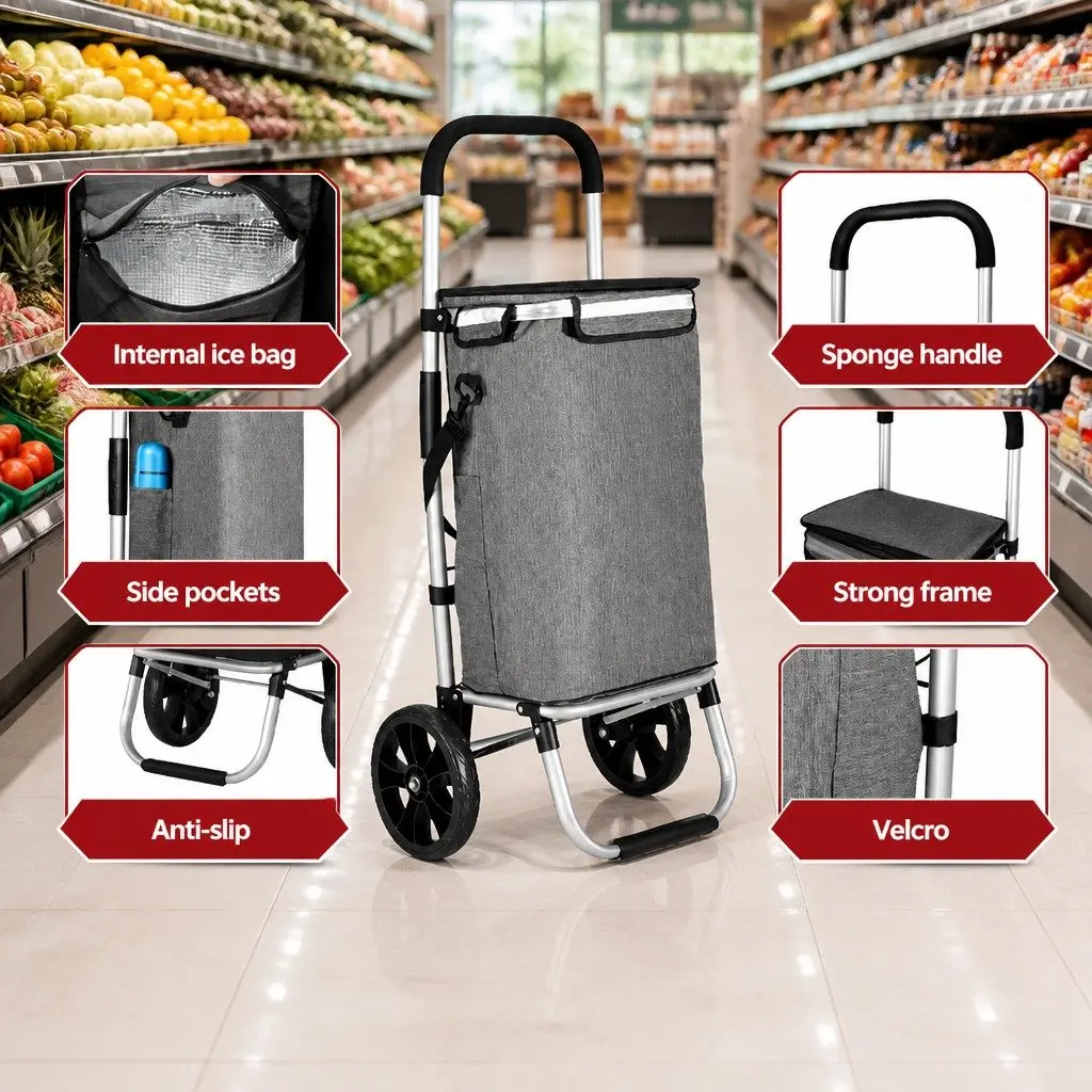 Shopping Trolley Cart Foldable Lightweight Portable Grocery Basket 45KG Capacity Grey