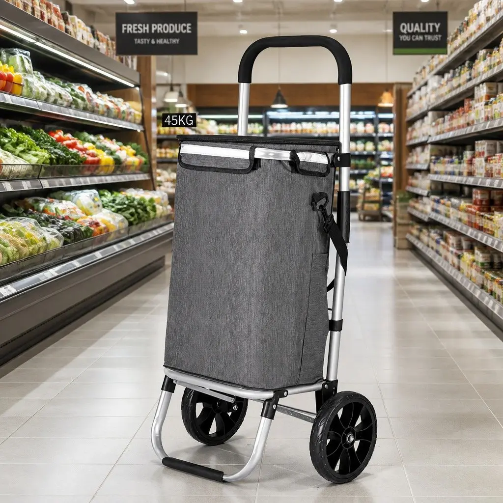 Shopping Trolley Cart Foldable Lightweight Portable Grocery Basket 45KG Capacity Grey