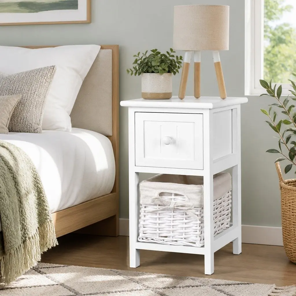 Bedside Table Storage 1 Drawer Wicker Basket Rustic Cottage Style White x2