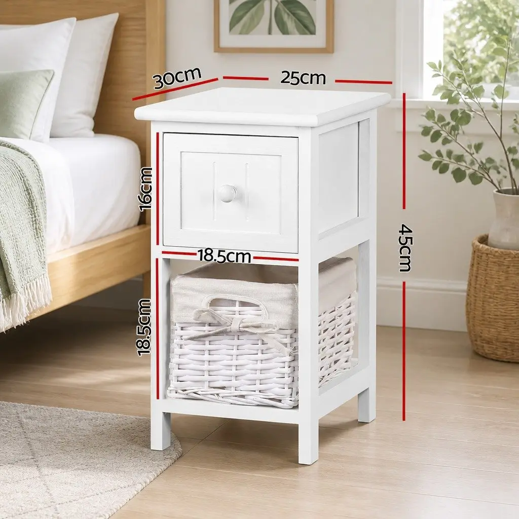 Bedside Table Storage 1 Drawer Wicker Basket Rustic Cottage Style White x2