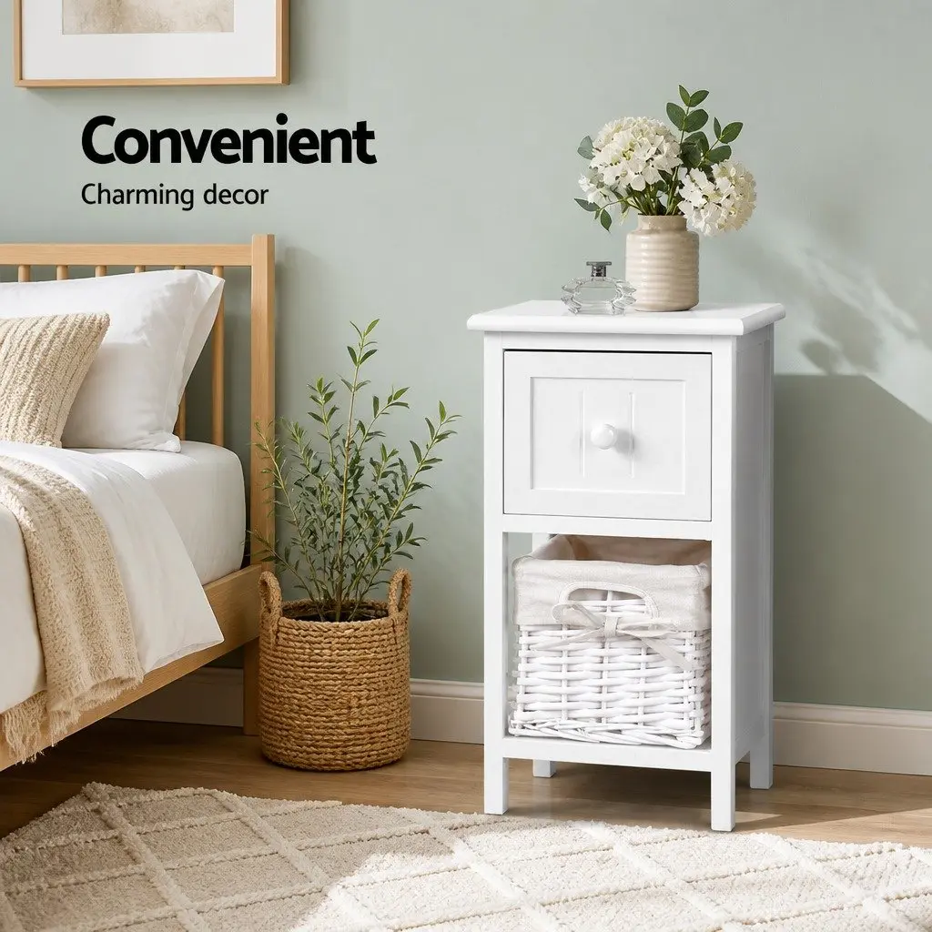Bedside Table Storage 1 Drawer Wicker Basket Rustic Cottage Style White x2