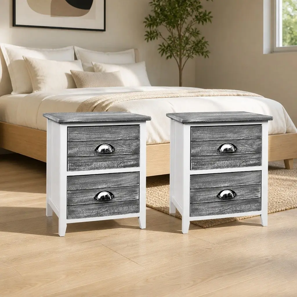 Bedside Table Vintage Nightstand 2 Drawers Grey Storage Furniture