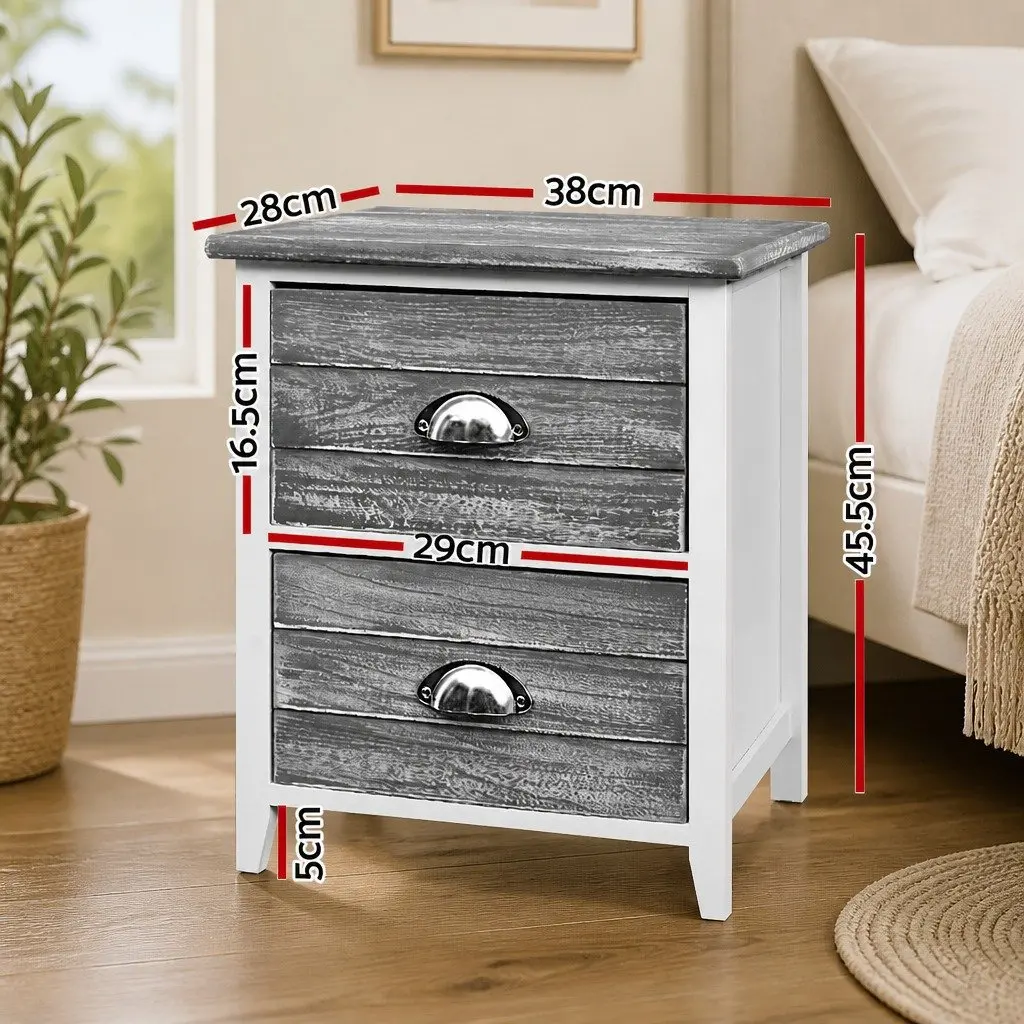 Bedside Table Vintage Nightstand 2 Drawers Grey Storage Furniture