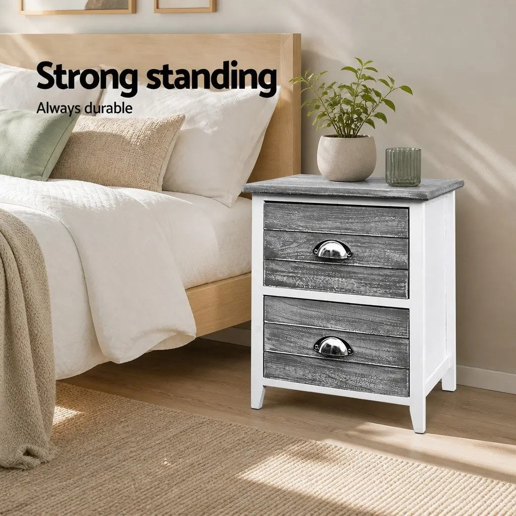 Bedside Table Vintage Nightstand 2 Drawers Grey Storage Furniture