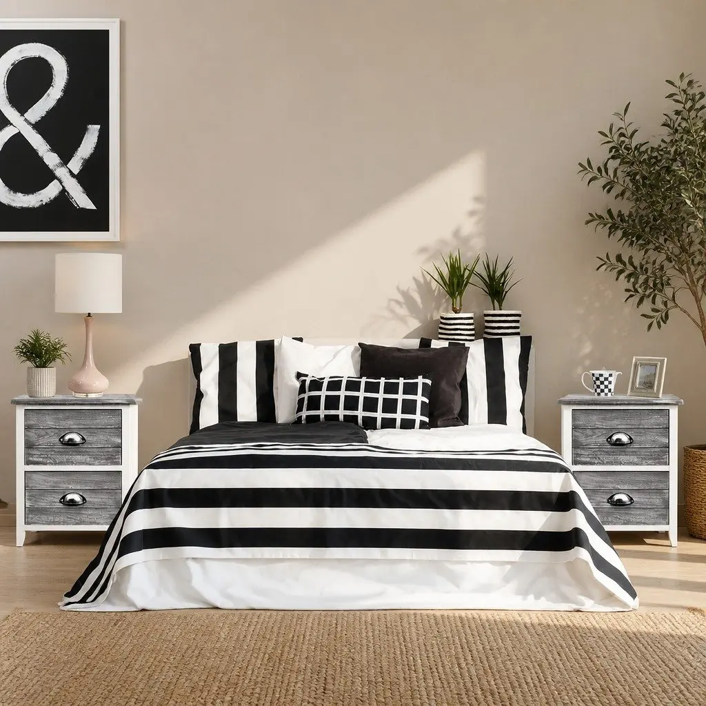 Bedside Table Vintage Nightstand 2 Drawers Grey Storage Furniture