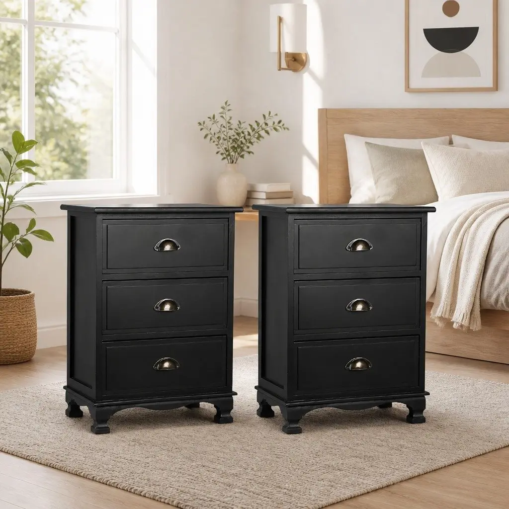 Bedside Table Vintage Storage Cabinet 3 Drawers Black