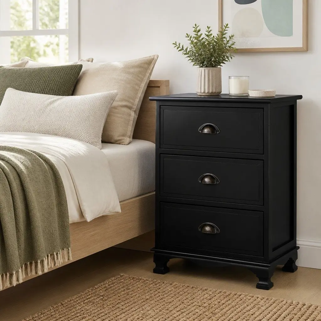 Bedside Table Vintage Storage Cabinet 3 Drawers Black