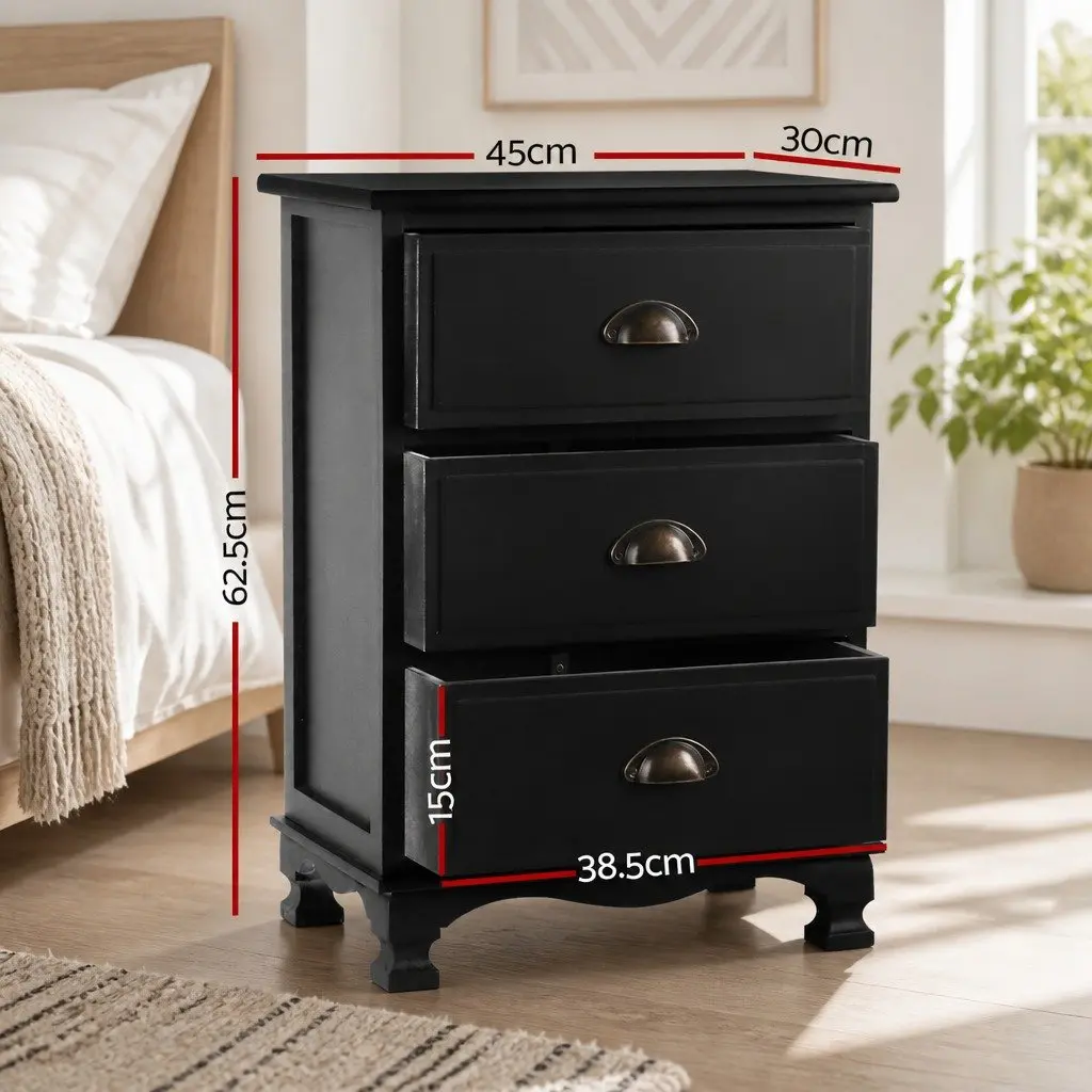 Bedside Table Vintage Storage Cabinet 3 Drawers Black