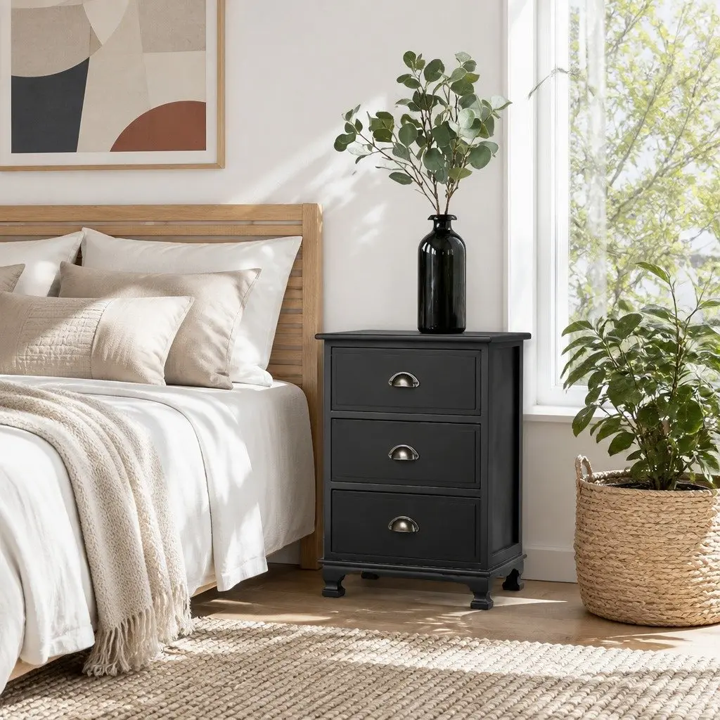 Bedside Table Vintage Storage Cabinet 3 Drawers Black