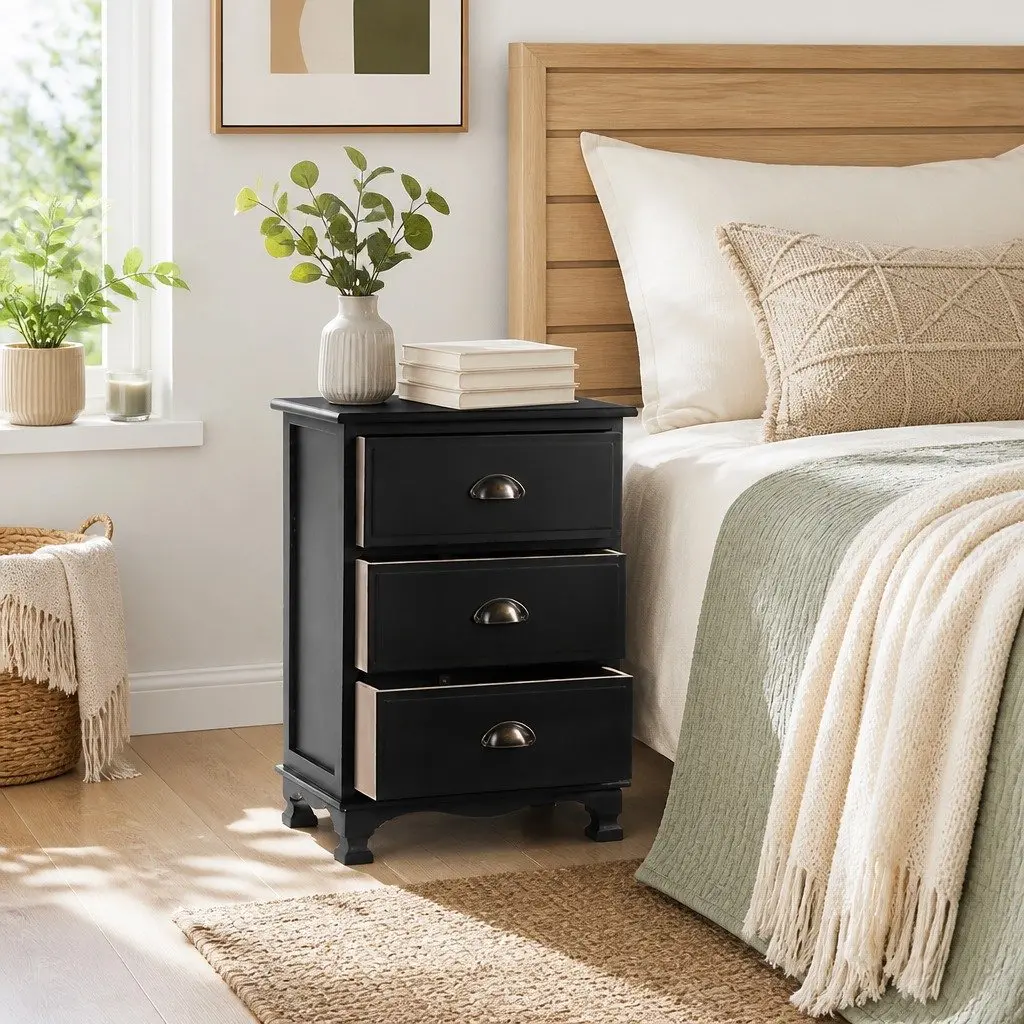 Bedside Table Vintage Storage Cabinet 3 Drawers Black