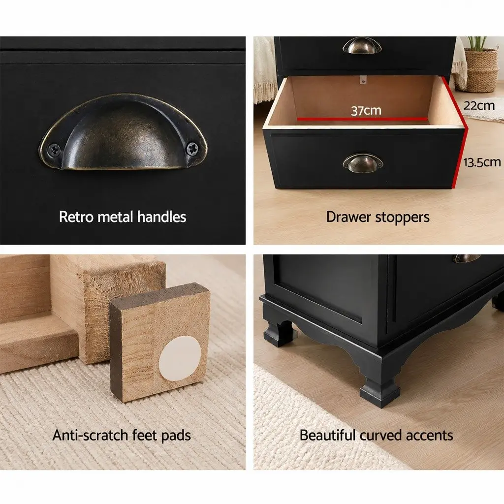 Bedside Table Vintage Storage Cabinet 3 Drawers Black