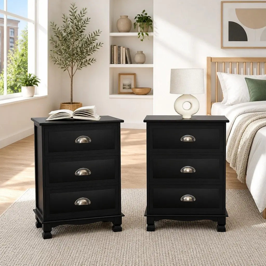 Bedside Table Vintage Storage Cabinet 3 Drawers Black