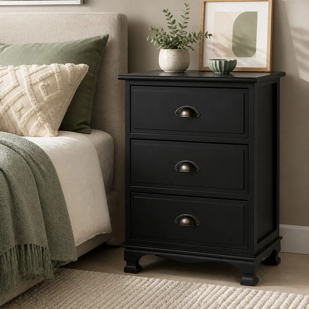 Black Bedside Table Vintage Storage Cabinet 3 Drawers 45cm W 30cm D 62.5cm H