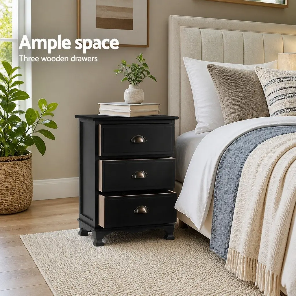 Black Bedside Table Vintage Storage Cabinet 3 Drawers 45cm W 30cm D 62.5cm H
