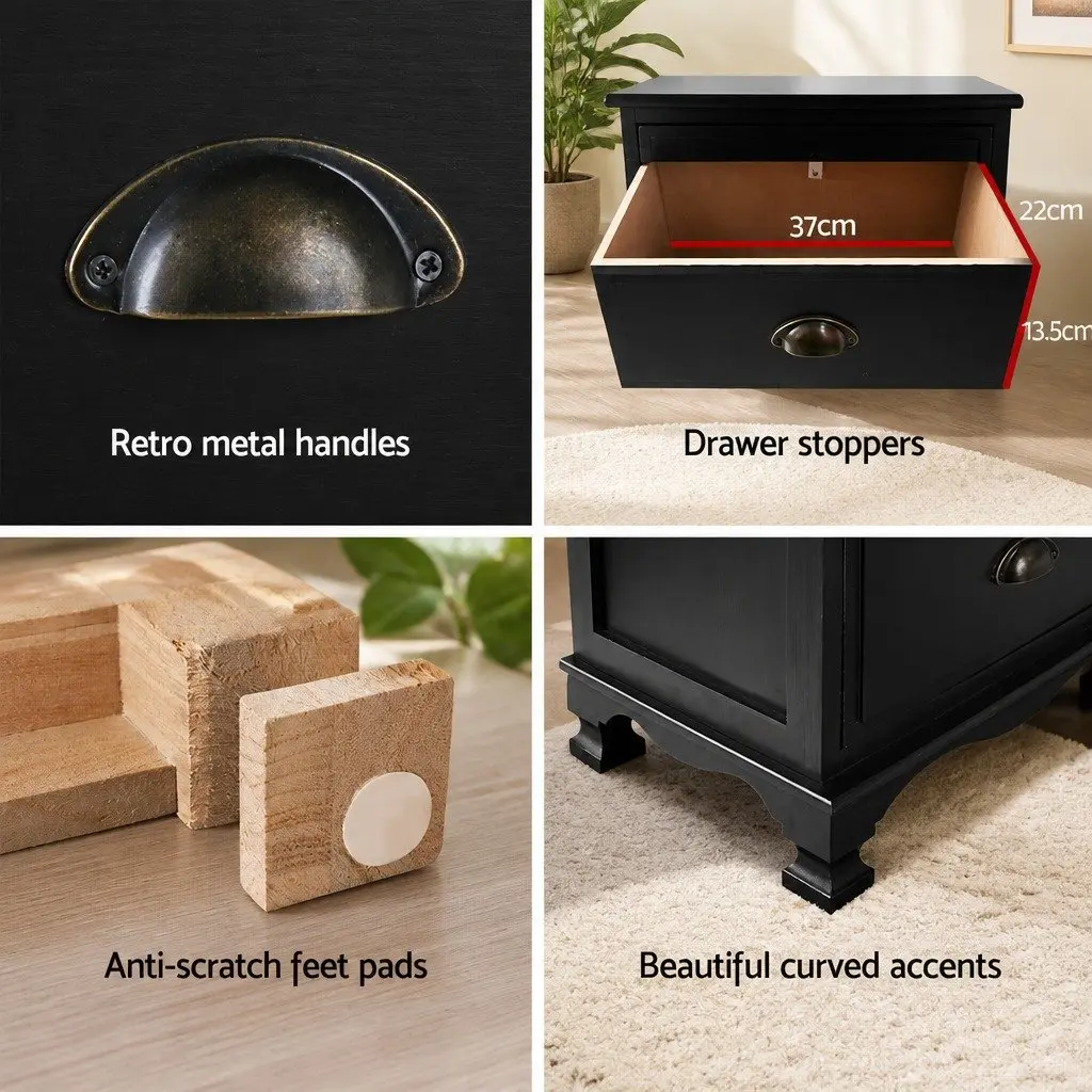 Black Bedside Table Vintage Storage Cabinet 3 Drawers 45cm W 30cm D 62.5cm H