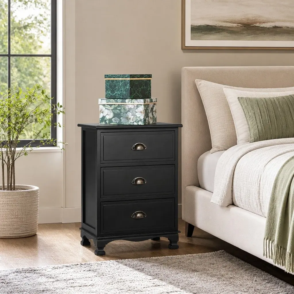 Black Bedside Table Vintage Storage Cabinet 3 Drawers 45cm W 30cm D 62.5cm H