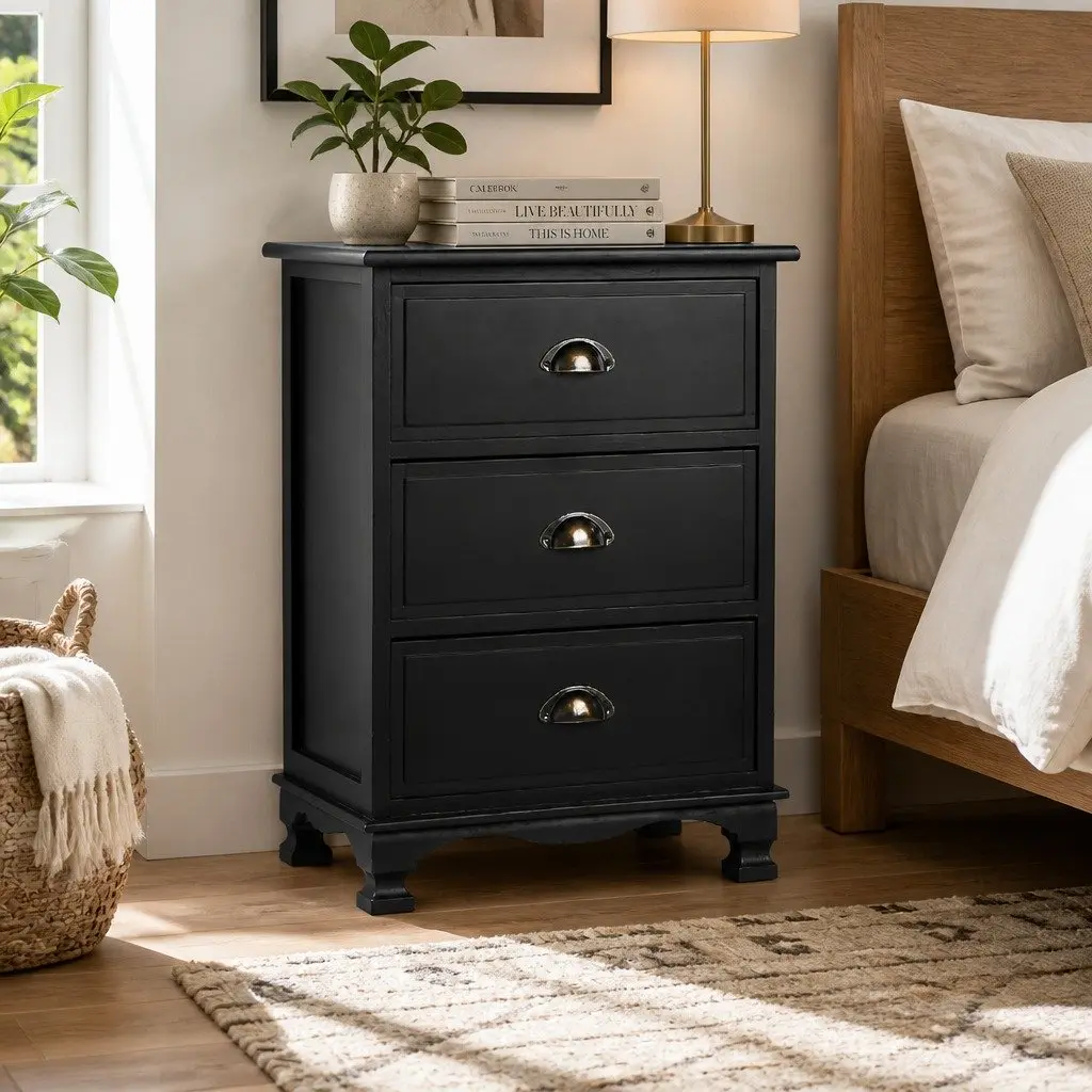 Black Bedside Table Vintage Storage Cabinet 3 Drawers 45cm W 30cm D 62.5cm H