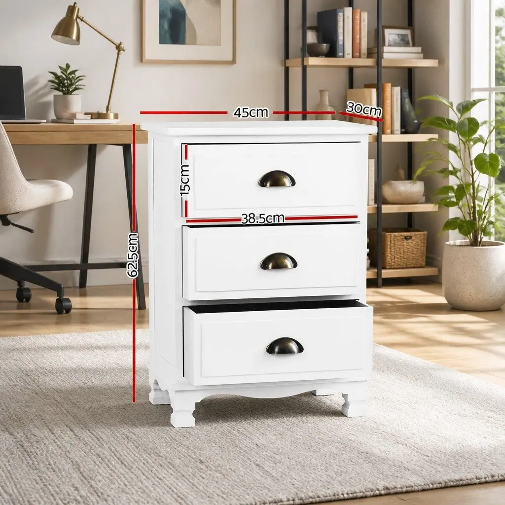 Bedside Table 3 Drawers Storage Cabinet Vintage Wooden Nightstand White