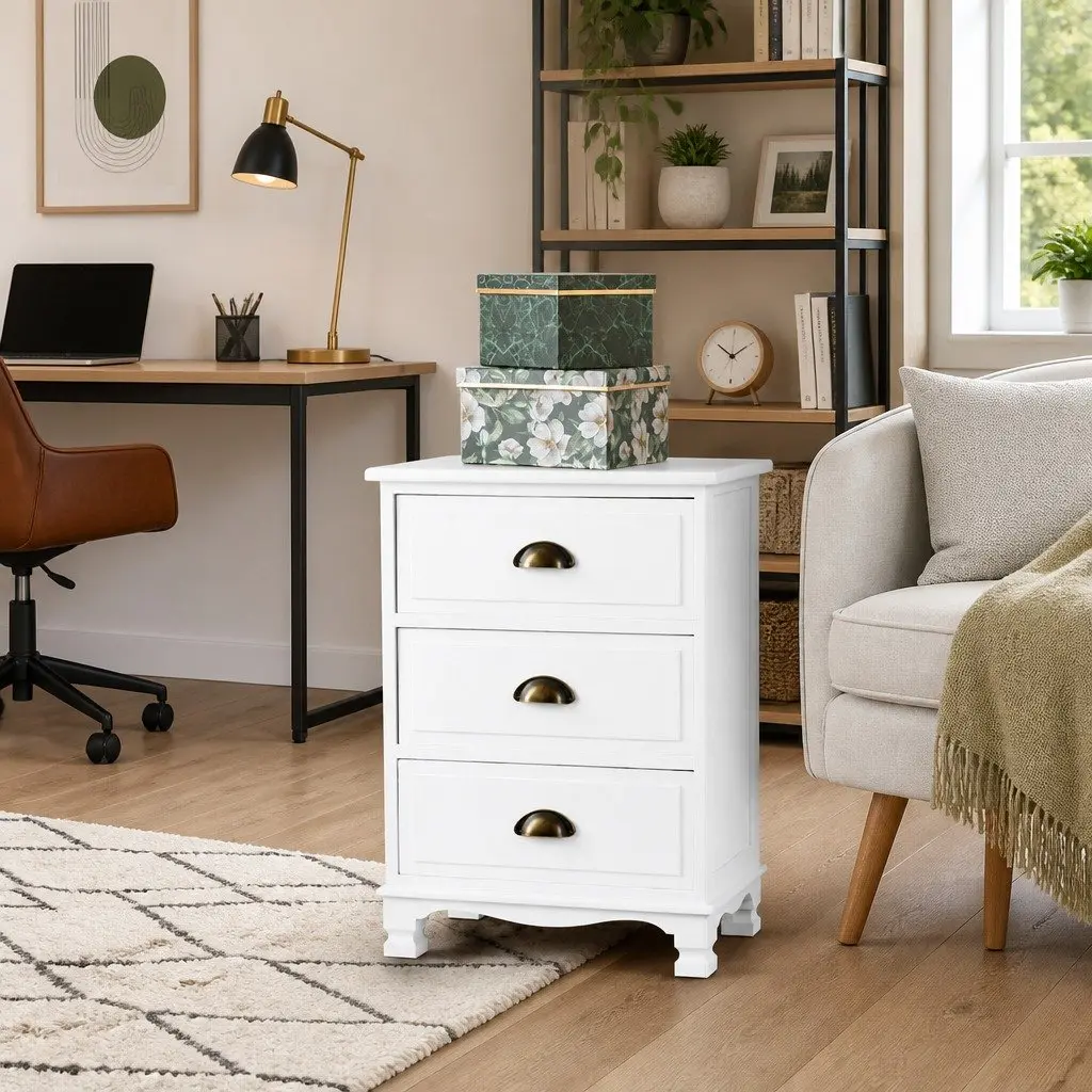 Bedside Table 3 Drawers Storage Cabinet Vintage Wooden Nightstand White