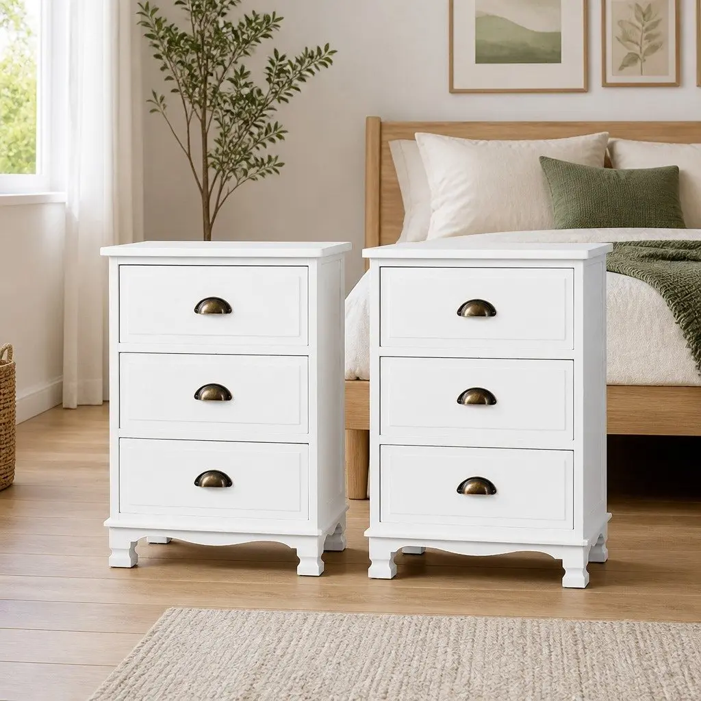 Bedside Table Vintage Storage Cabinet 3 Drawers White