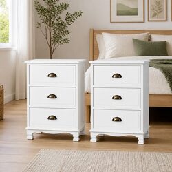 White Vintage Nightstand with Three Drawers for Storage