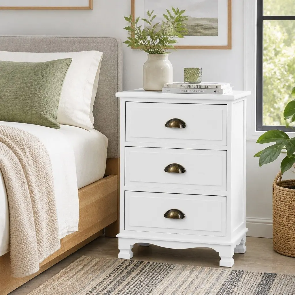 Bedside Table Vintage Storage Cabinet 3 Drawers White