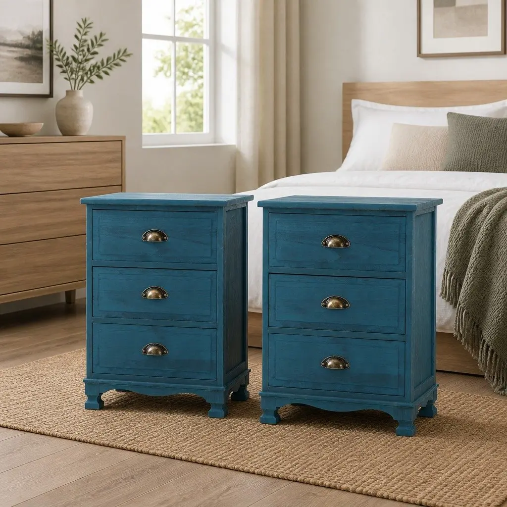 Bedside Table Vintage Storage Cabinet 3 Drawers Blue