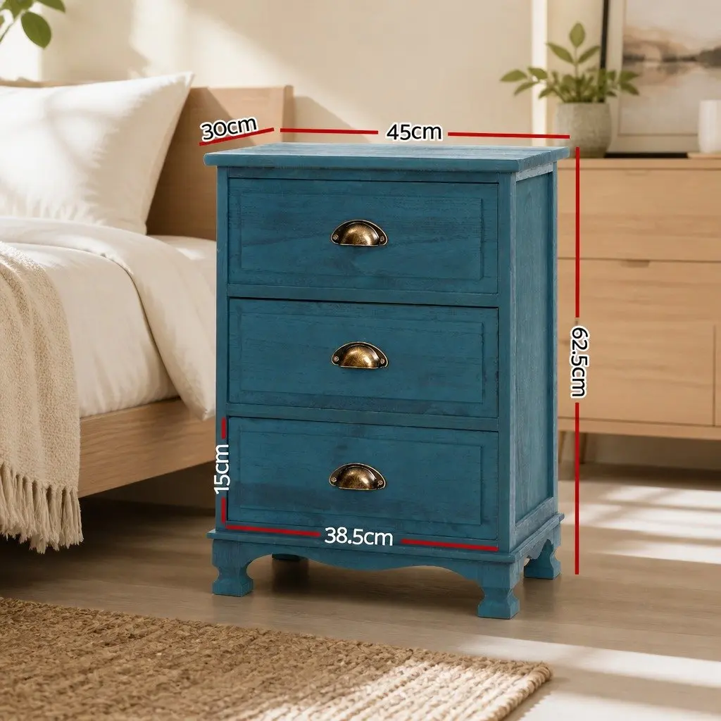 Bedside Table Vintage Storage Cabinet 3 Drawers Blue