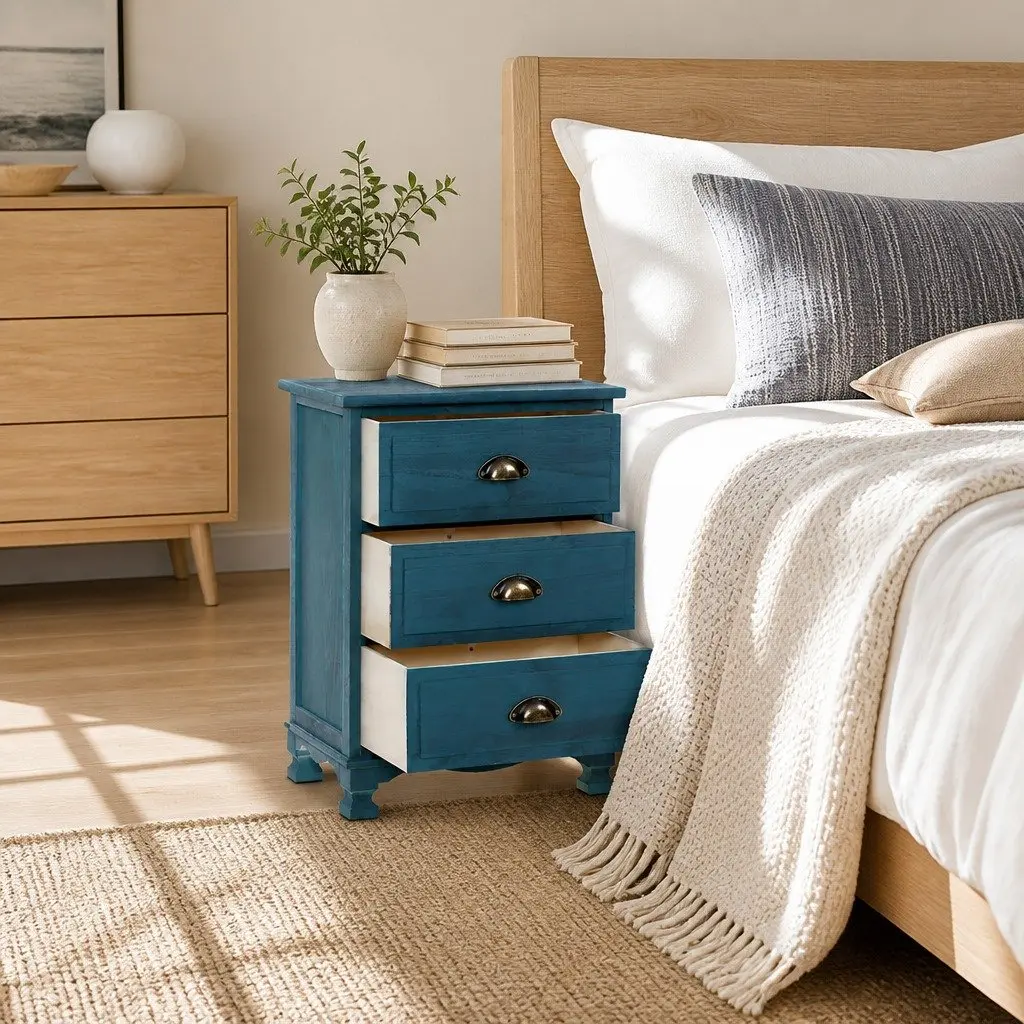 Bedside Table Vintage Storage Cabinet 3 Drawers Blue