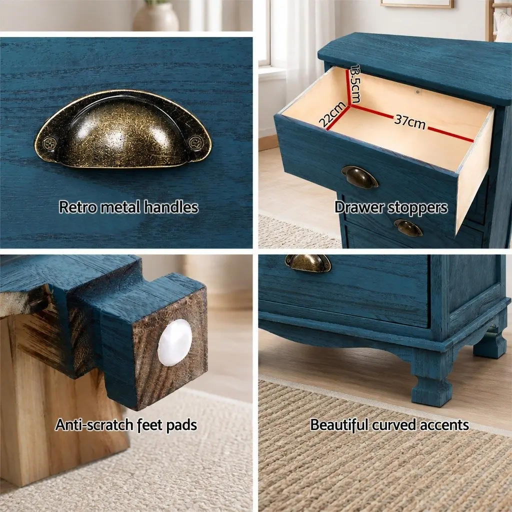 Bedside Table Vintage Storage Cabinet 3 Drawers Blue