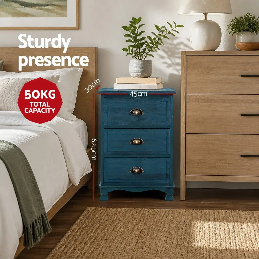 Bedside Table Vintage Storage Cabinet 3 Drawers Blue